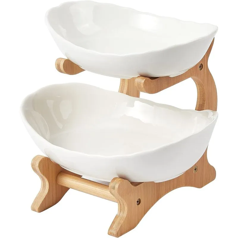 Fruteira De Cerâmica De 2 Camadas Com Suporte De Madeira De Bambu Kit Branco