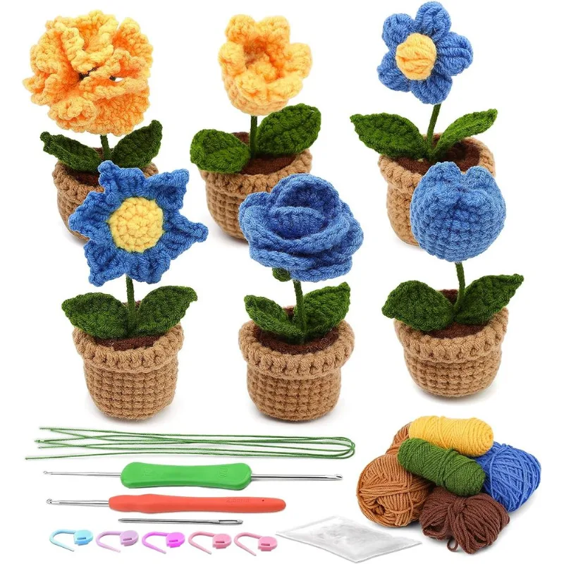 Kit De Crochê Para Iniciantes 6 Pcs Kit De Flores Em Vaso De Crochê