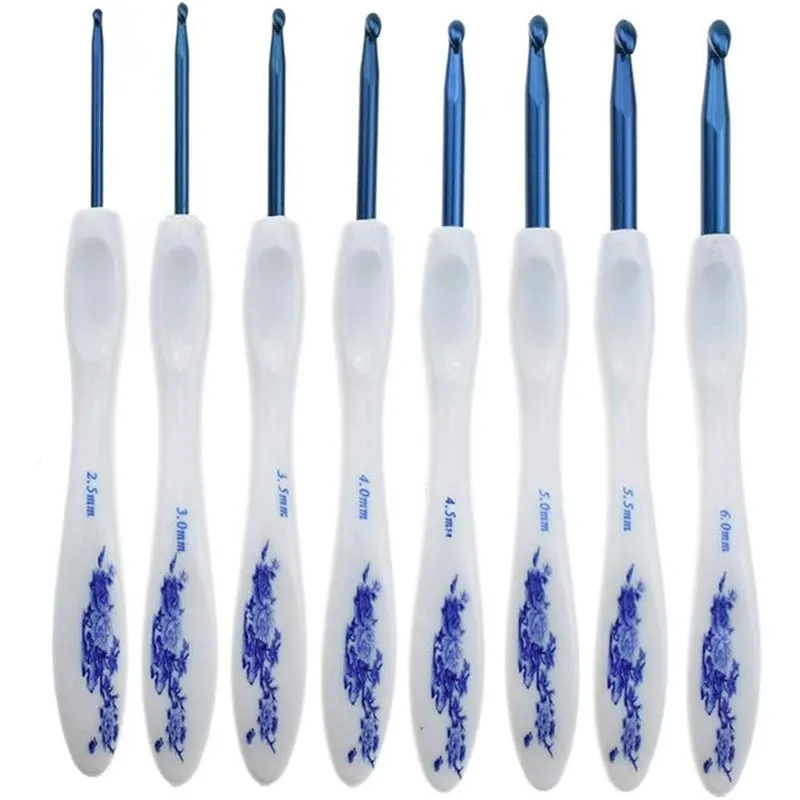 8 Peças Ganchos De Crochê Flor Azul Impressão Plástico Handle K