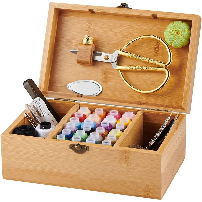 Cesta De Costura De Bambu De Madeira Com Acessórios Kit De Costura Com