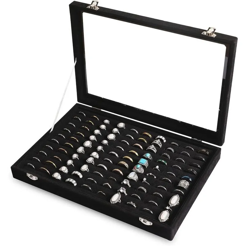 Anel Organizador Bandeja 100 Slots Ring Holder com Tampa Transparente Vel