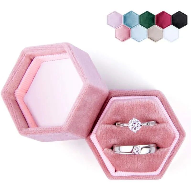 Caixa De Anel De Veludo Hexágono - Premium Lindo Vintage Double Ri