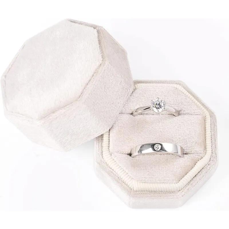 Caixa De Anel De Veludo Octagon Lindo Vintage Duplo Joias Rin