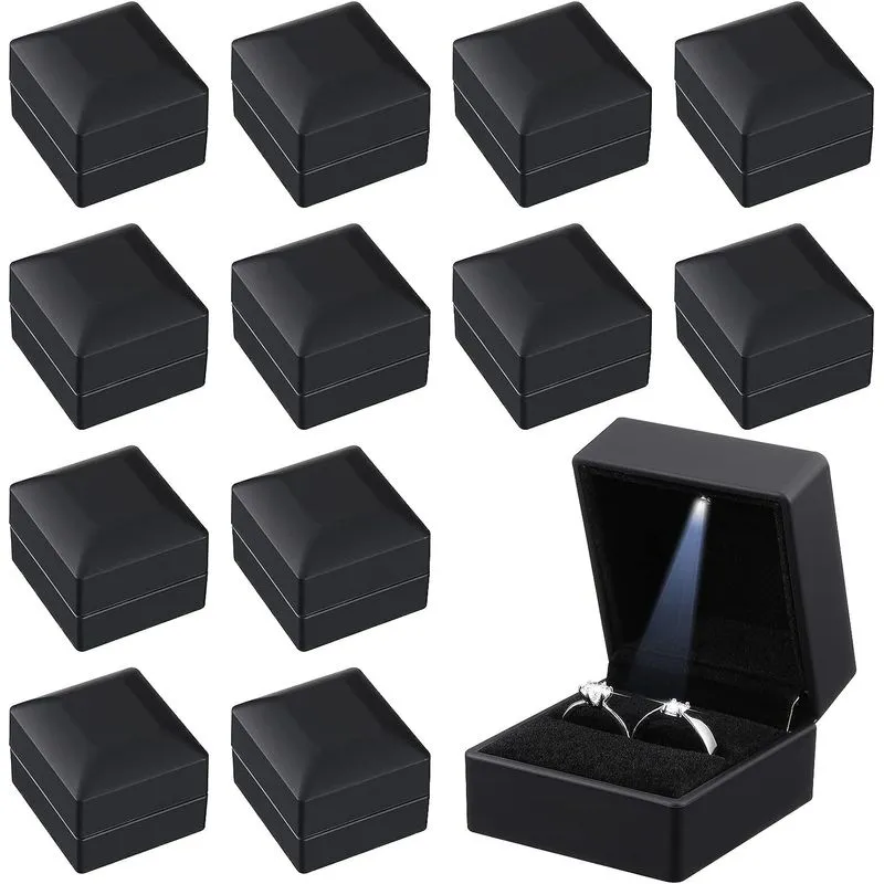 12 Pcs Caixa De Anel Preto Com Luz Led Brinco De Casamento Presente Bo