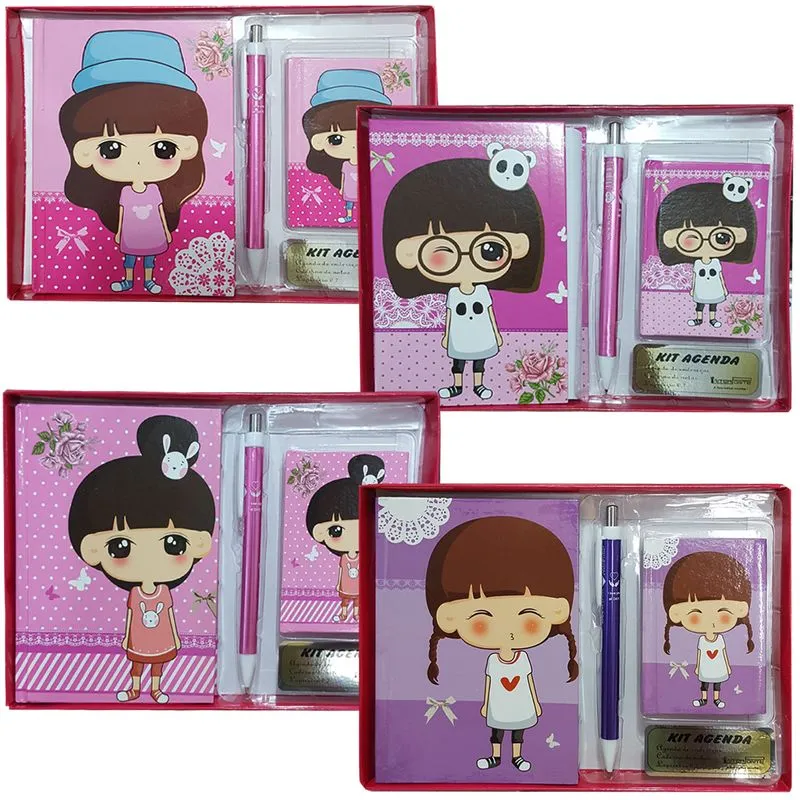Kit Com 4 Conjuntos Caderno Anotação Boneca Agenda Lapiseira