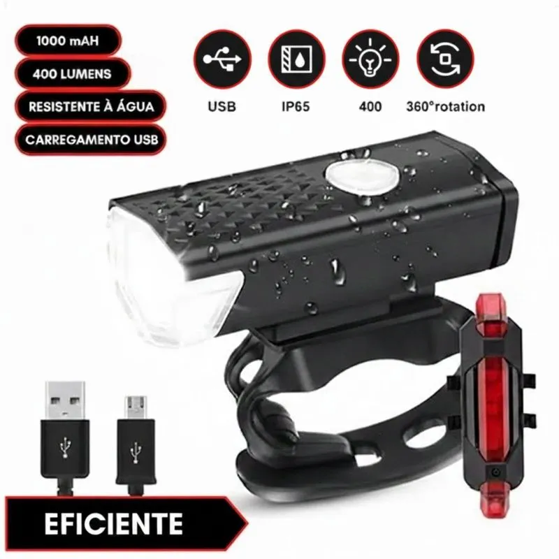 Farol Bike Led Resistente À Chuva + Luz Traseira Segurança