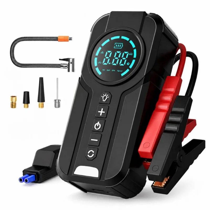 Arrancador De Auto 1000A Con Inflador Digital 150PSI Power Bank 8000mAh Y Linterna LED