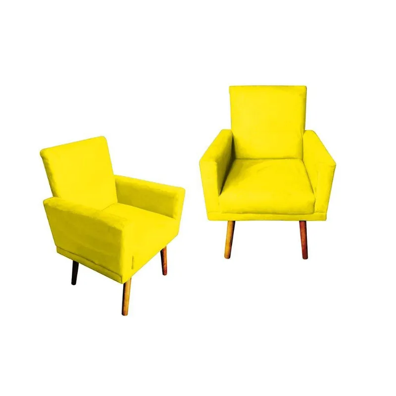 Kit 2 Poltrona Decorativa com Rodapé Suede Animale Amarelo