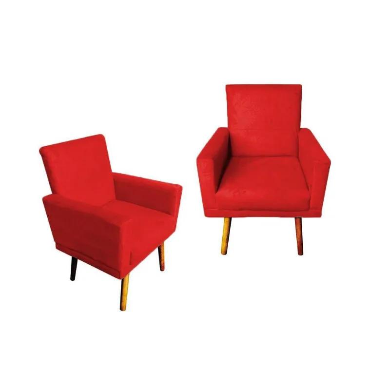 Kit 2 Poltrona Decorativa Nina com Rodapé Suede Vermelho
