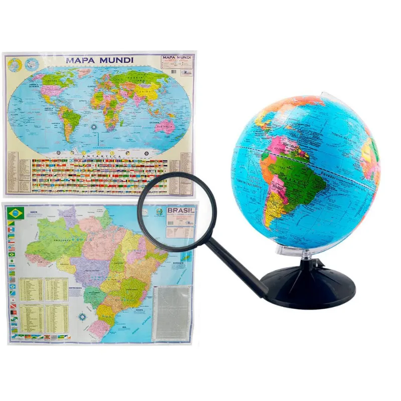 Kit Globo Terrestre Profissional Studio 30cm + Lupa + Mapa Do Brasil + Mapa Mundi Edição Atualizada Escolar Decorativo