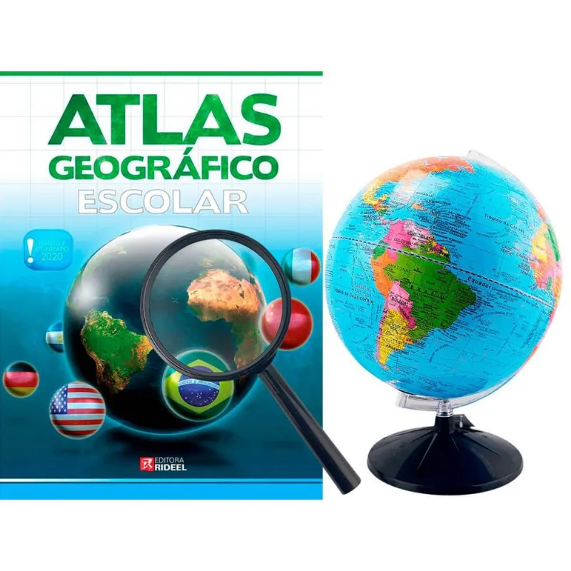 Kit Globo Terrestre Profissional Studio + Lupa + Livro Atlas