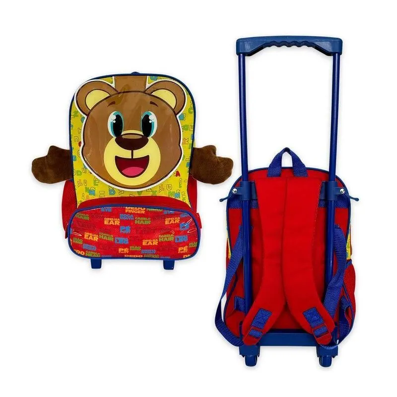 Mochila Escolar Rocie Ursinho Rodinha Poliéster Amarela e Vermelha