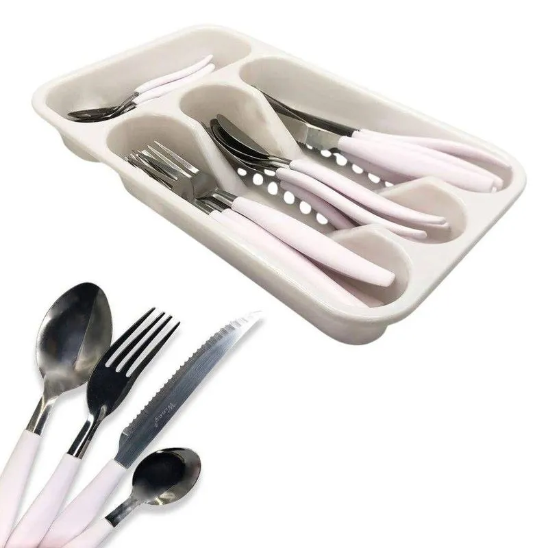 Kit Talheres Inox 24 Peças Polipropileno E Aço Inox Com Porta Talher Cabo Branco Wincy