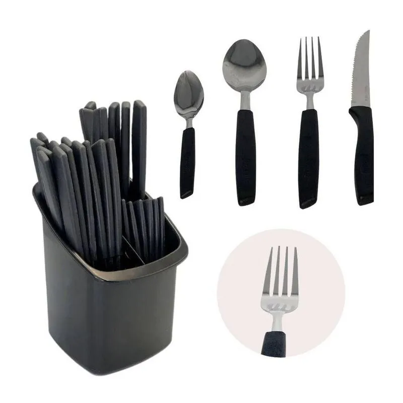 Conjunto 24 Talheres Capri Plástico E Aço Inox Preto Fosco Com Porta Talher Fratelli