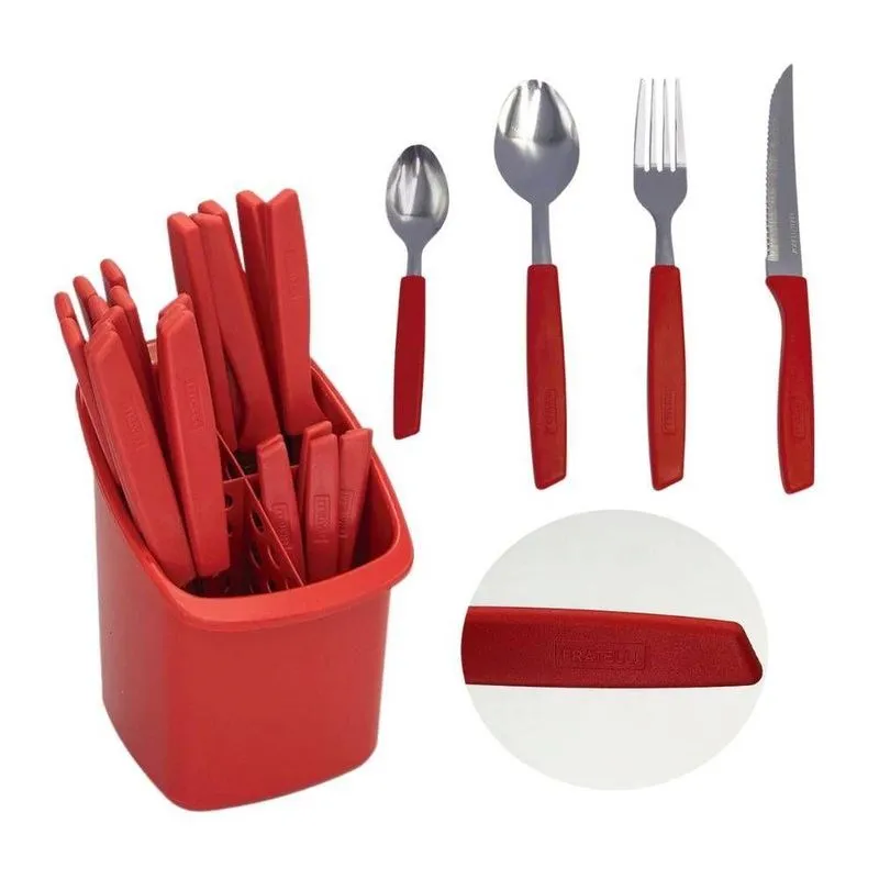 Conjunto 24 Talheres Capri Plástico E Aço Inox Fosco Vermelho Com Porta Talher Fratelli