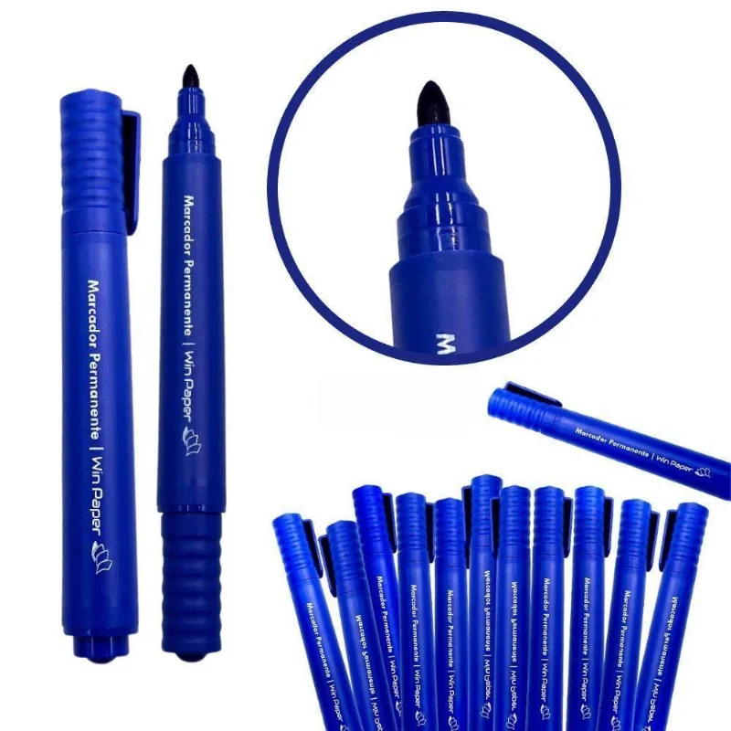 Kit Com 12 Canetas Azul Marcador Permanente Retroprojetor