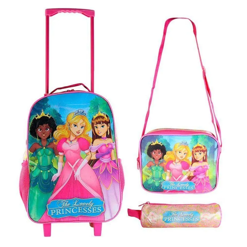 Kit Mochila Escolar Rocie Princesas Poliéster Rosa com Lancheira e Estojo Infantil