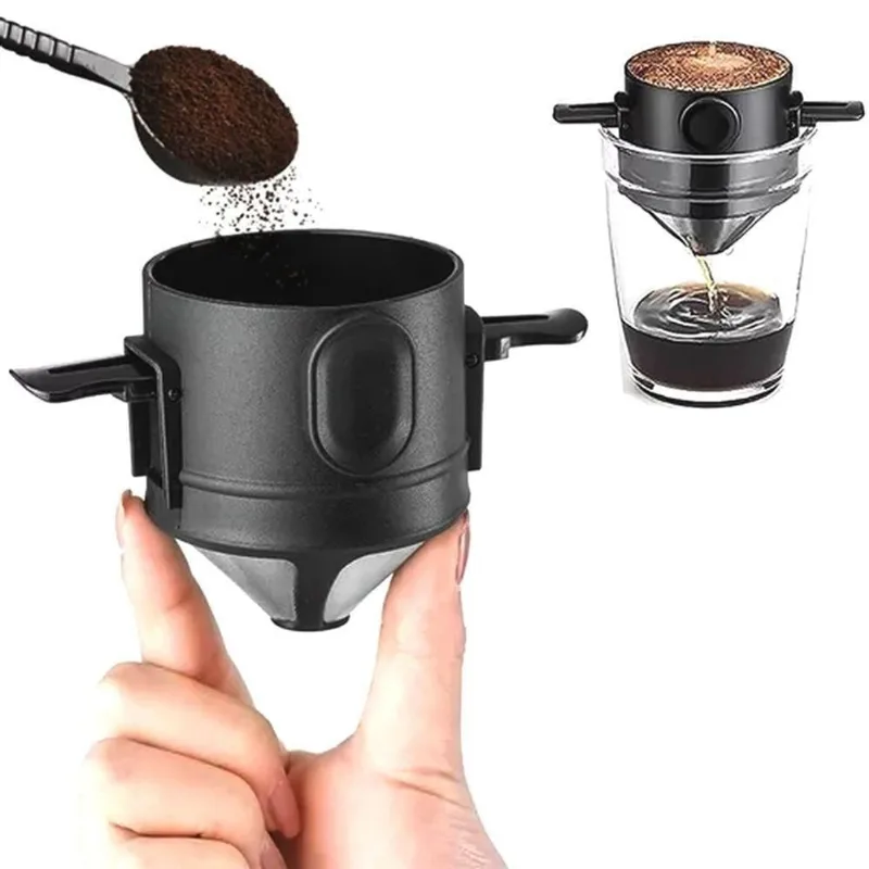 Mini Filtro Coador de Café Portátil Reutilizável Plástico e Aço Inox com Suporte Preto Top Rio