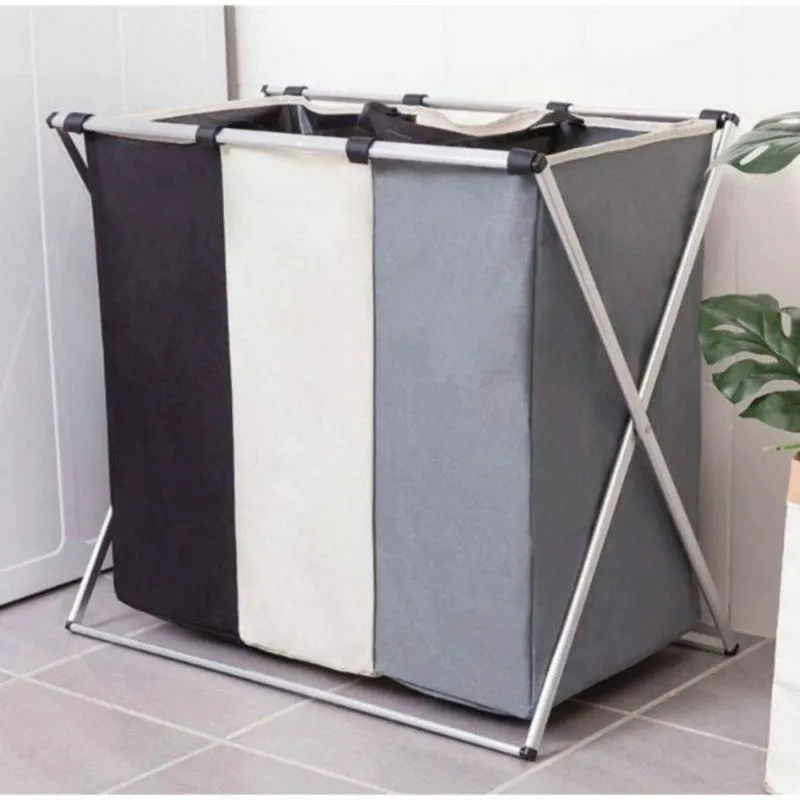 Cesto Para Roupa Suja Multiuso Com 3 Compartimentos Tecido Oxford E Alumínio Dobrável Organizador