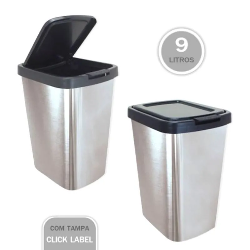 Lixeira Cinza Cesto De Lixo 9 Litros Com Tampa Click Label