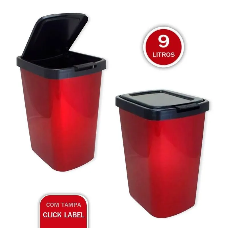Lixeira Vermelha Cesto De Lixo 9 Litro Com Tampa Click Label