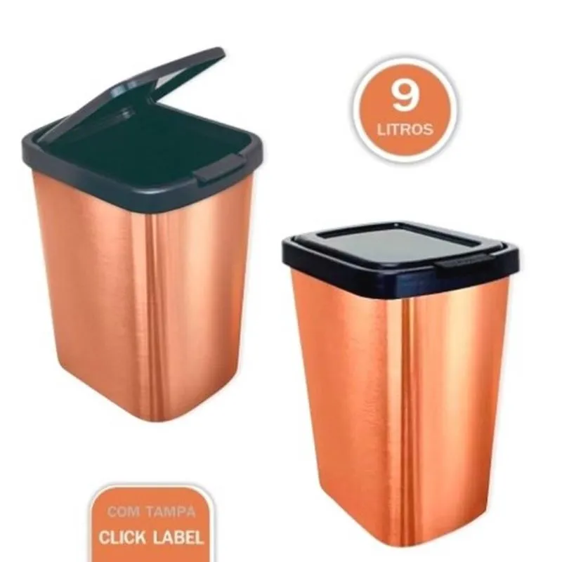Lixeira Dourada Cesto De Lixo 9 Litros Com Tampa Click Label