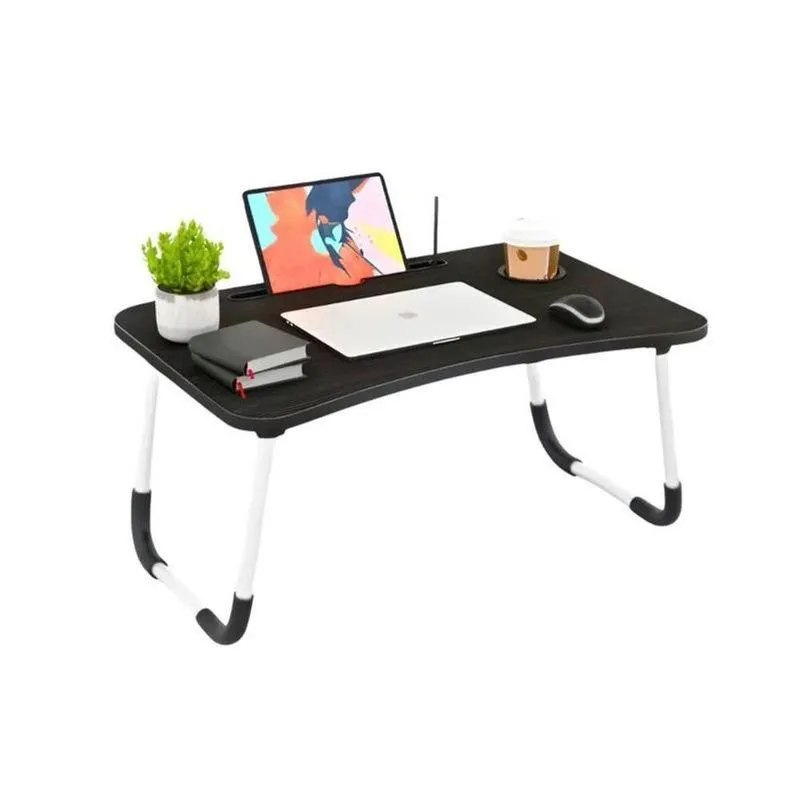 Mesa De Colo Preta Portátil Dobrável Suporte Copo E Tablet