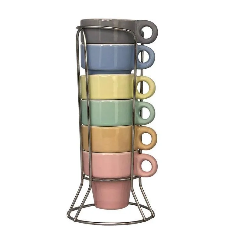 Jogo De 06 Xícaras Café Chá Canecas Coloridas Com Suporte