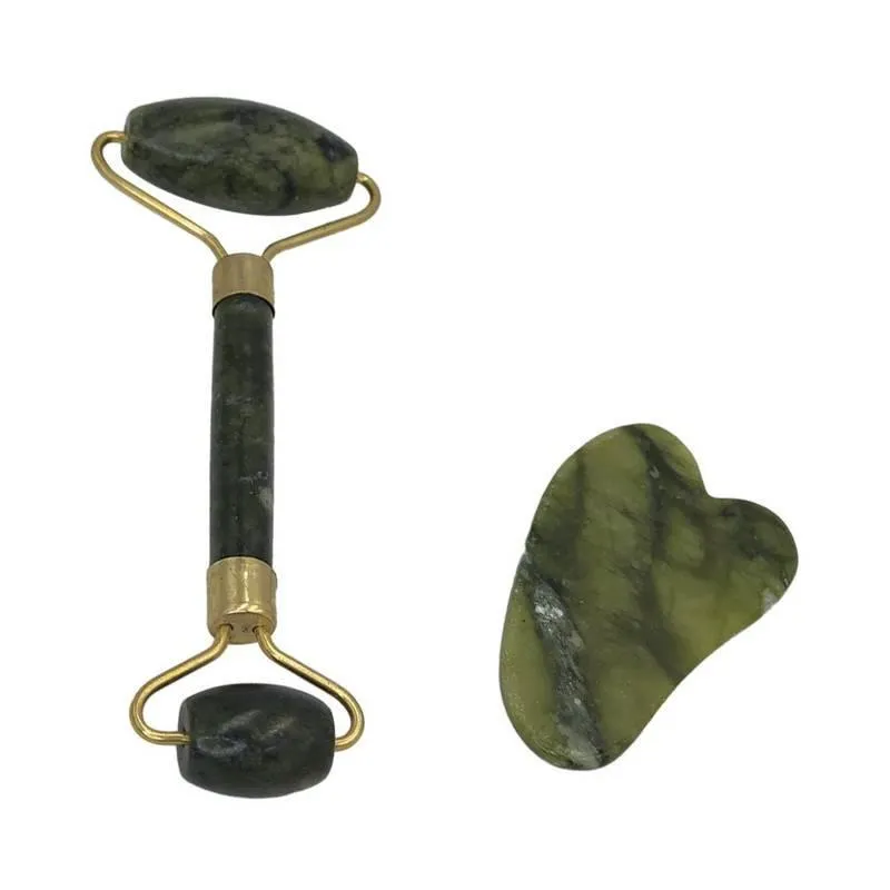 Rolo Pedra De Jade + Placa Gua Sha Massagem Facial Anti Ruga