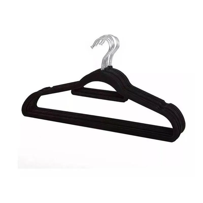 Kit Cabide Slim Veludo Flocado Antideslizante Plástico E Metal Preto Global Mix