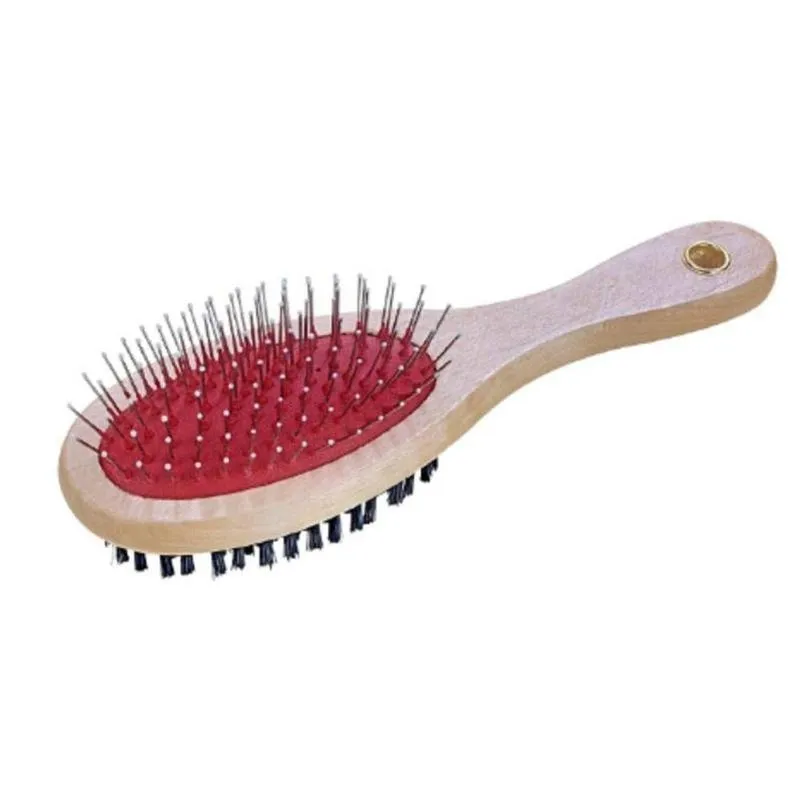 Escova Dupla Cabo Madeira 18cm Para Cães Gatos Pelos Soltos