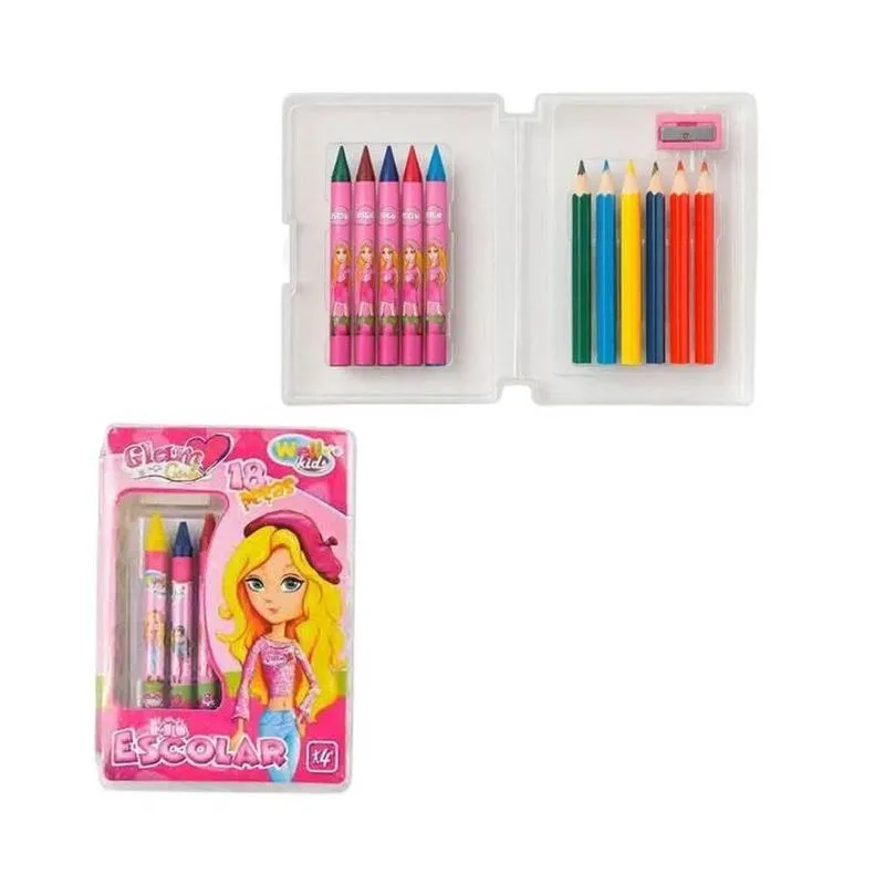 Kit Escolar Glam Girls 18 Peças Giz Lápis Desenhos Borracha