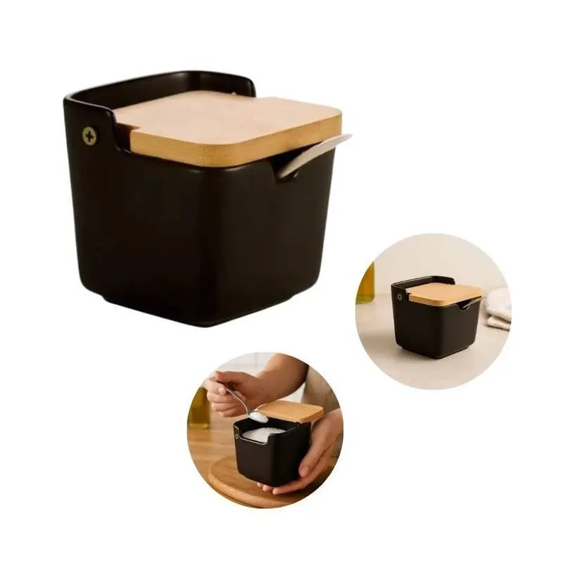 Saleiro Preto 300ml De Cerâmica Com Tampa De Bambu E Colher