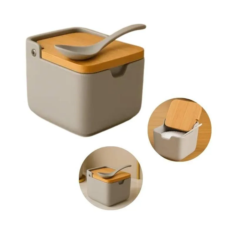 Saleiro Cinza 300ml De Cerâmica Com Tampa De Bambu E Colher