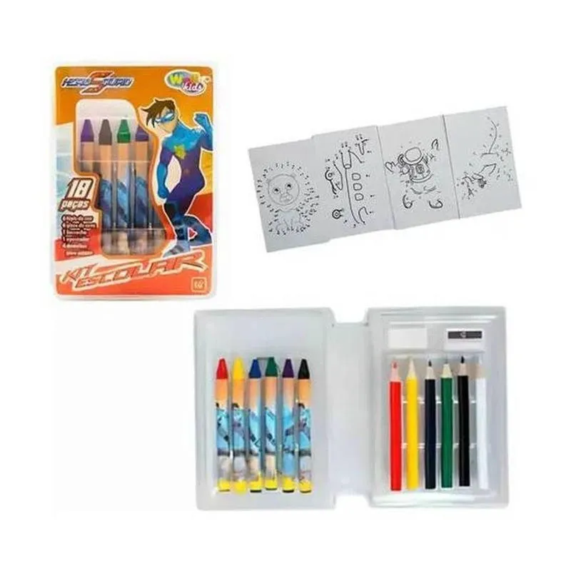 Kit Escolar Wellmix Hero Squad 18 Peças Com Lápis De Cor E Giz De Cera E Desenhos E Borracha
