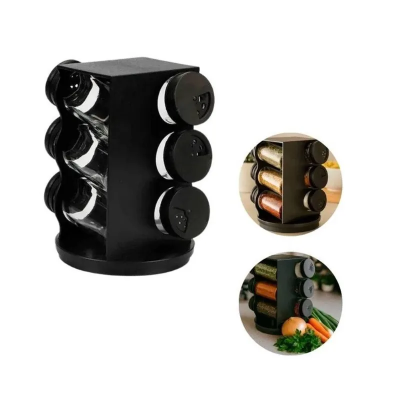 Porta Condimentos Giratório Plástico Preto com 06 Potes 80ml