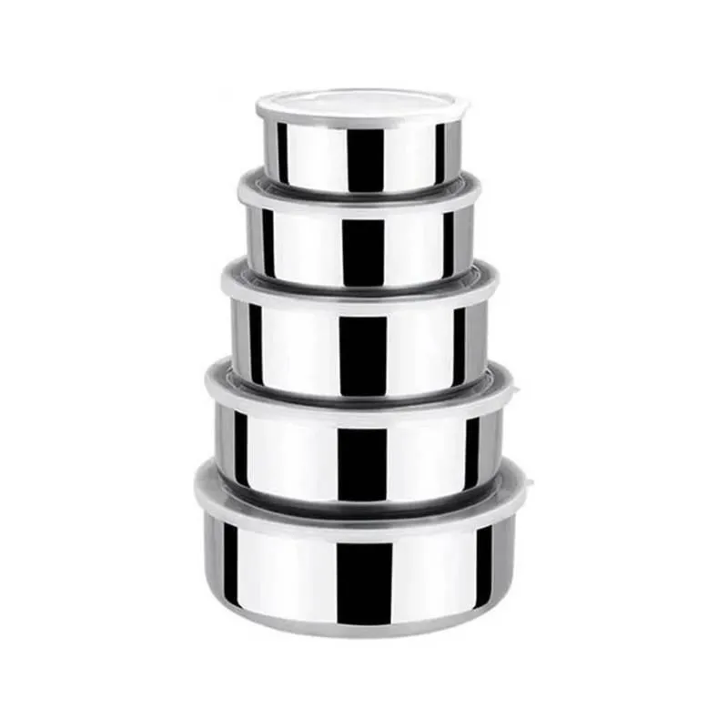 Jogo De Tigelas Aço Inox Empilhável 5 Peças Potes Com Tampa