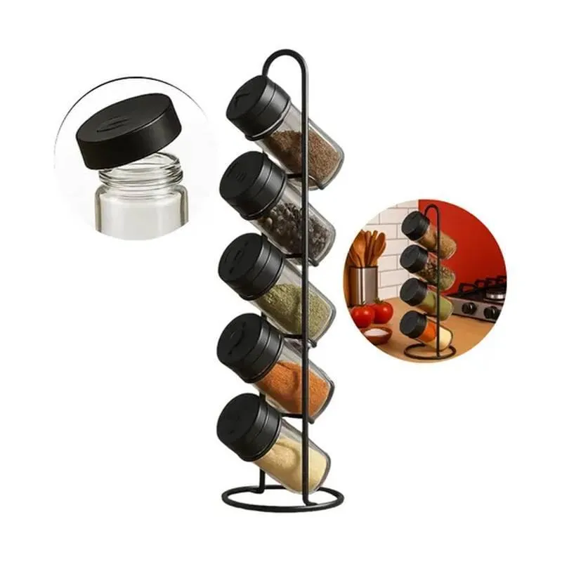 Conjunto 5 Porta Condimentos 80ml Com Suporte Vertical Preto