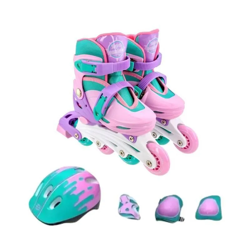 Kit Patins 30/33 Rosa Ajustável Com Equipamentos De Proteção