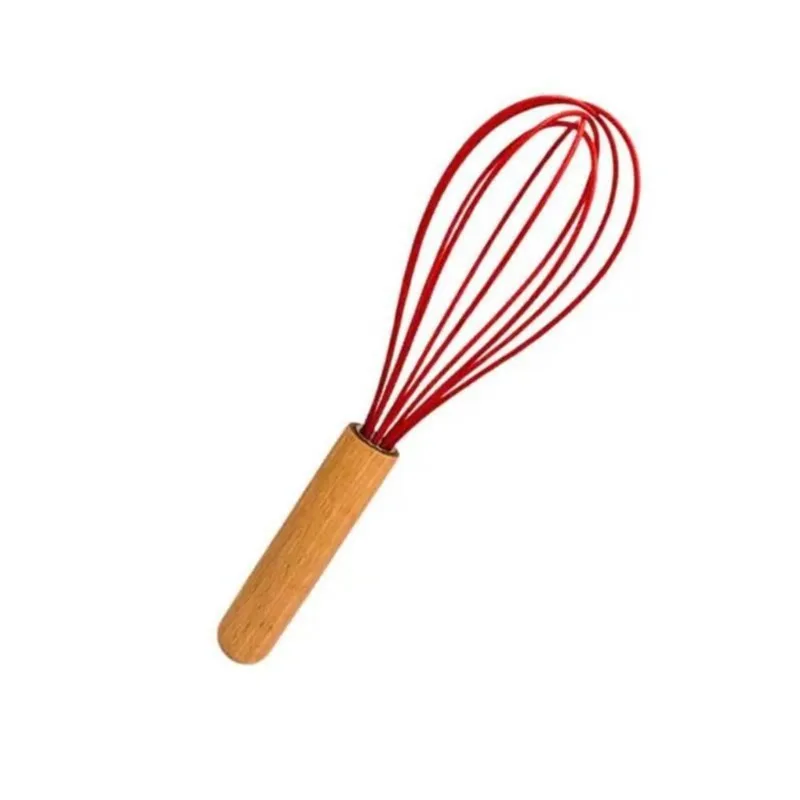 Batedor De Claras De Silicone Vermelha Fuet Cabo De Madeira