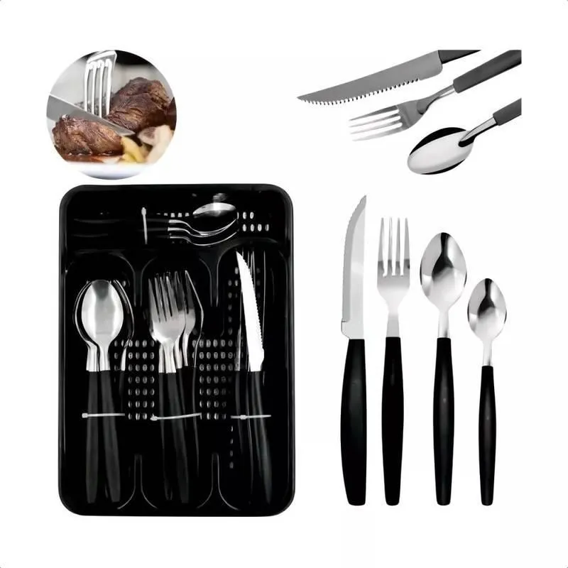 Conjunto De Talheres Em Aço Inox Com Cabo Preto 25 Peças