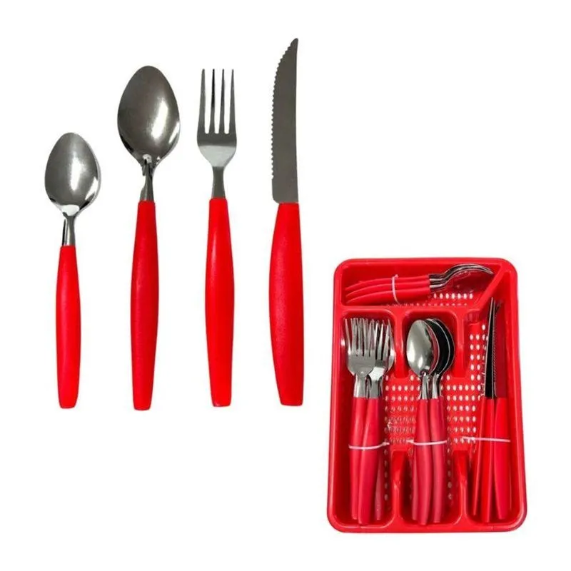 Faqueiro Vermelho 24 Peças Com Porta Talheres Cabo Polipropileno Aço Inox Para Mesa
