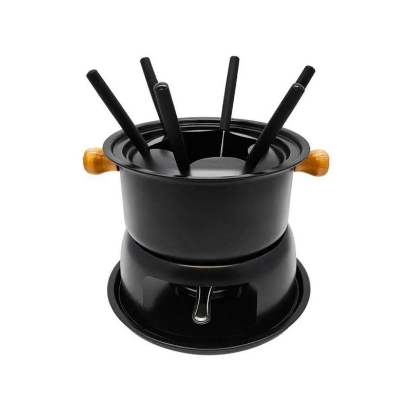Conjunto De Fondue 11 Peças 1,7l Para 6 Pessoas Metal Madeira E Plástico Preto Top Rio Comercial