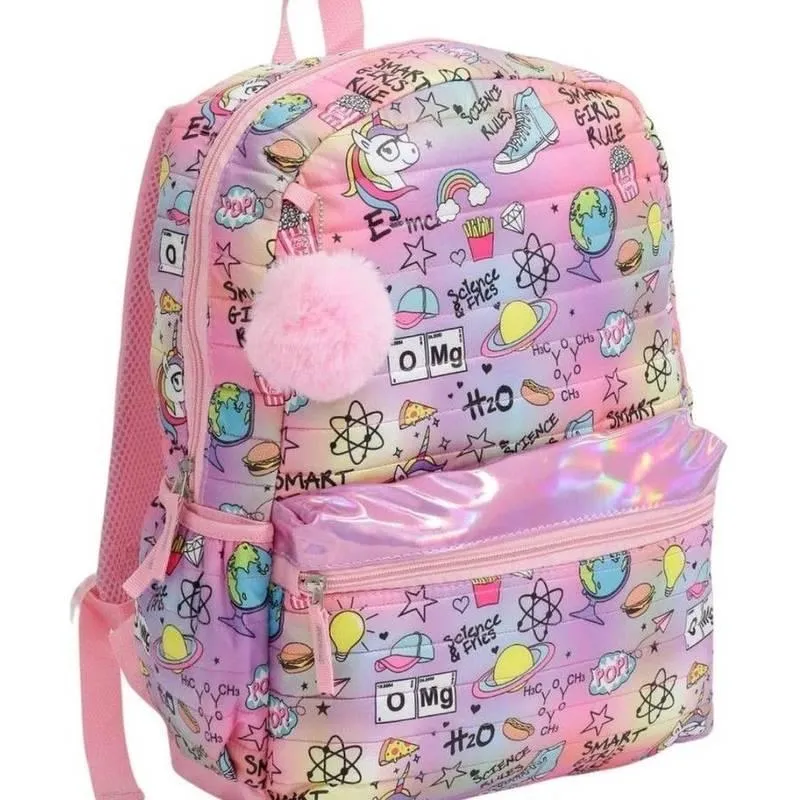 Mochila Unicornio Escolar Teen Com Chaveiro Pompom Juvenil