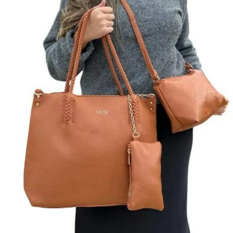 Kit Yeet 3 Peças Com Tote Grande E Transversal Média Em Couro Sintético Caramelo Feminino