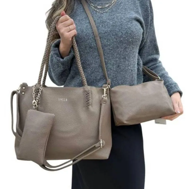 Kit De Bolsas Yeet 3 Peças Com Tote Grande, Transversal Média E Necessaire Couro Sintético Caqui