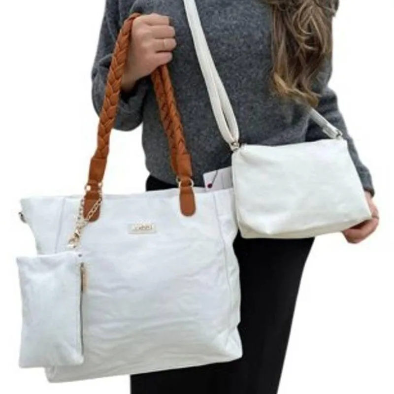 Kit De Bolsas Yeet Kit 3 Peças Bolsa Feminina Branca Grande Média + Necessarie Em Couro Sintético