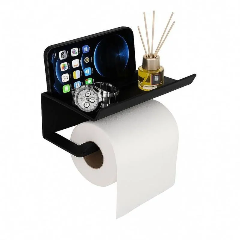 Suporte Preto Para Papel Higiênico Premium Com Prateleira