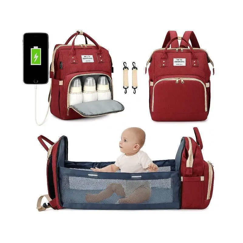 Mochila Maternidade Vinho Vira Berço E Trocador Para Bebê