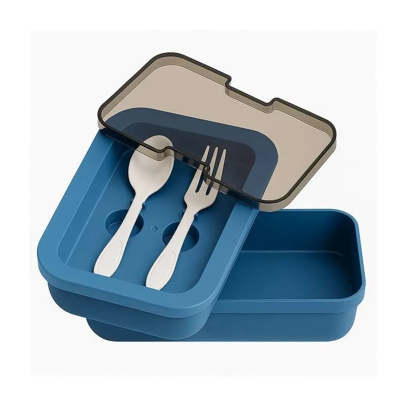 Kit Marmita Azul Com Divisórias Colher E Garfo Livre De Bpa
